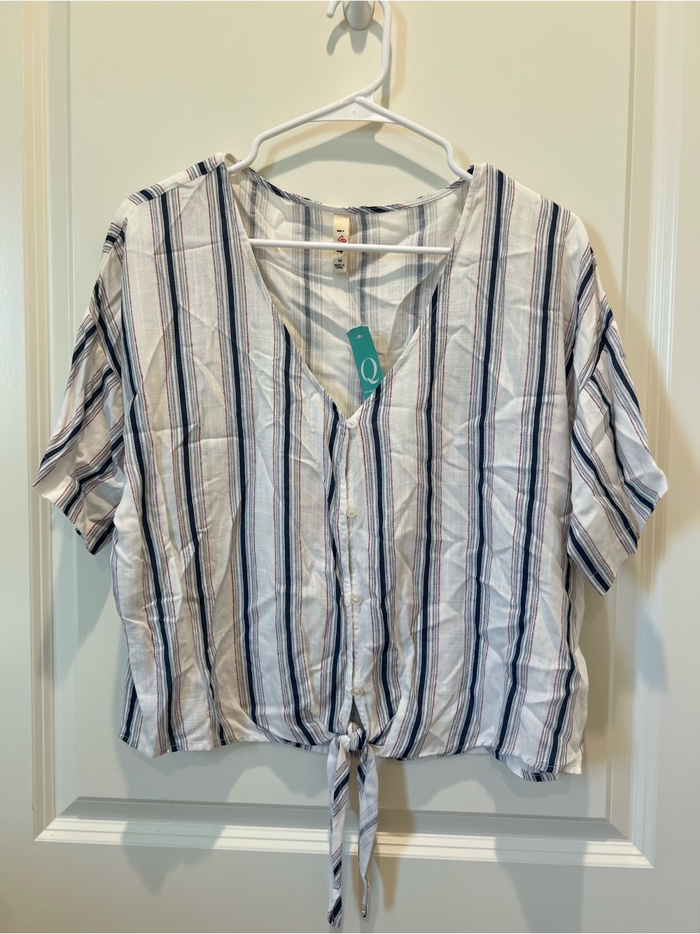 Striped Button-Front Tie-Hem Top - White and Navy